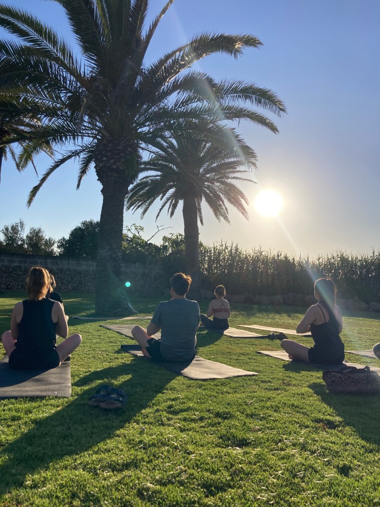Grupo de personas practicando yoga al aire libre, rodeados de palmeras bajo un cielo despejado en un entorno natural.